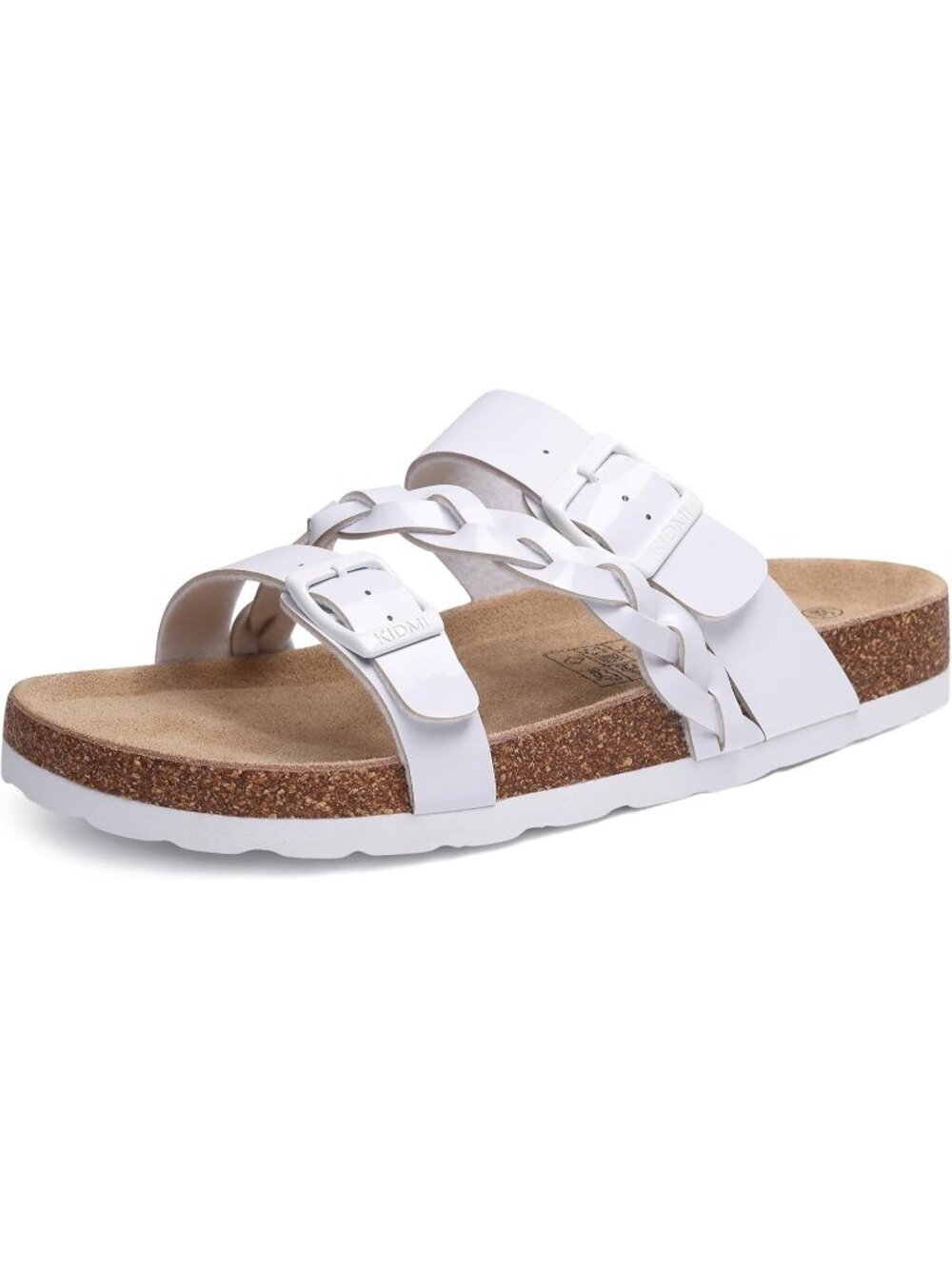 Women's White Patent Slide Sandals Cork Footbed Slip-On Adjustable Buckle Shoes